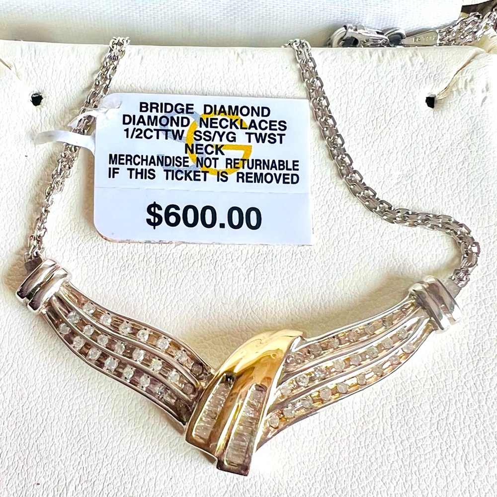 BRIDGE DIAMOND NECKLACE-1/2 CT TOTAL DIAMOND WEIGHT-STERLING SILVER&YELLOW GOLD